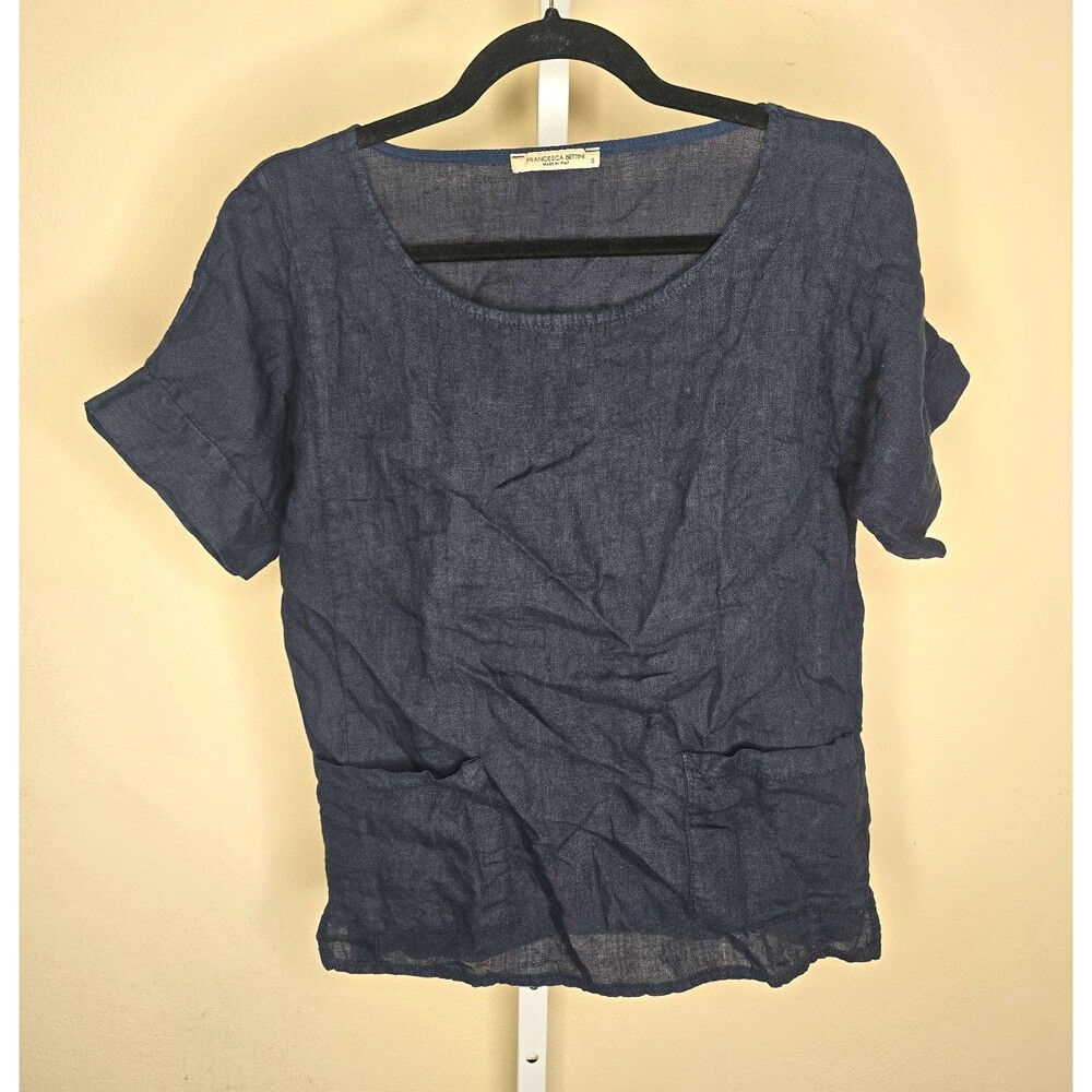 Francesca Bettini Italy 100% Linen Short Sleeve Pocket Blouse Blue Size S